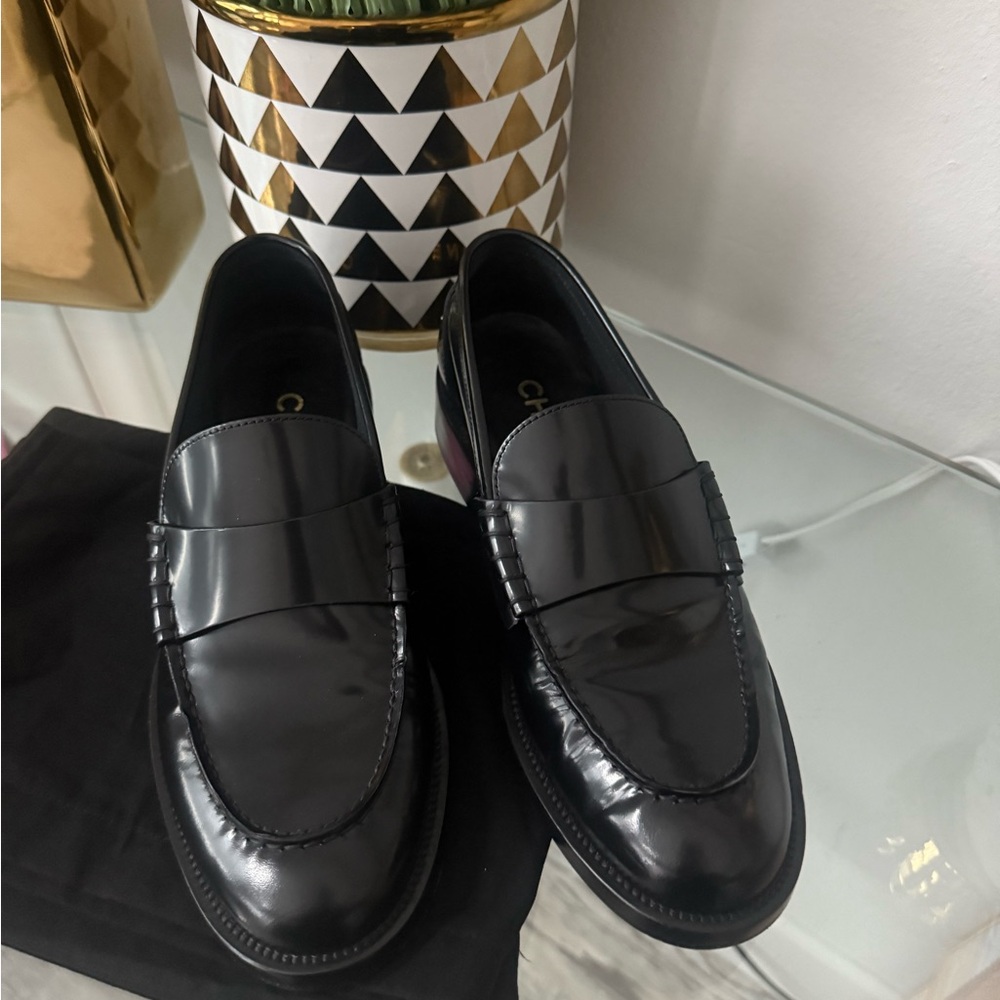 CHANEL Black Patent Leather Loafers